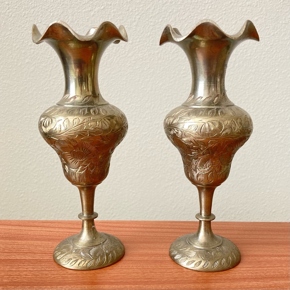 Vintage Brass Flower Vase set of 2 Etched